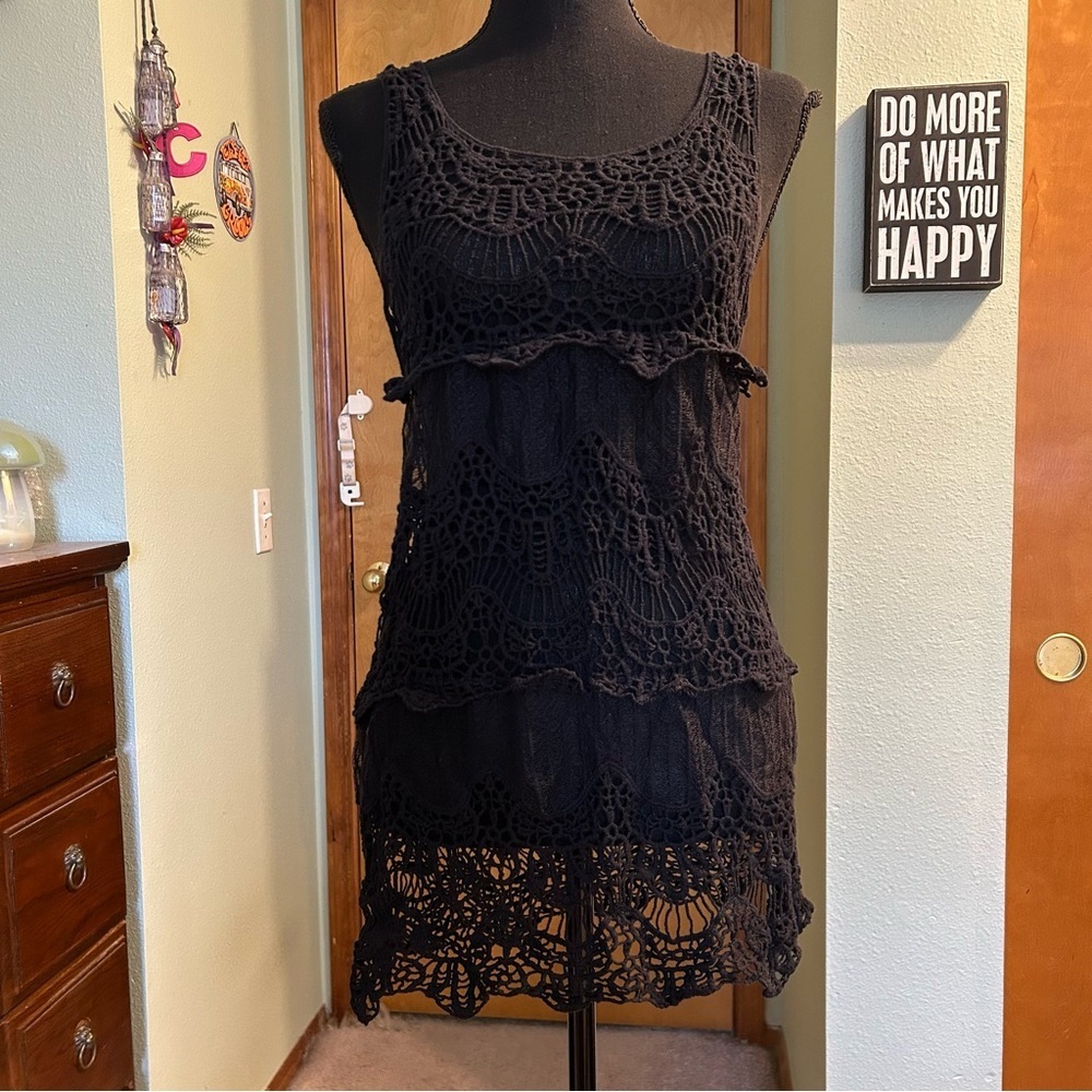 Step In Style Y2K black crocheted mesh coverup mini dress OS cotton whimsigoth